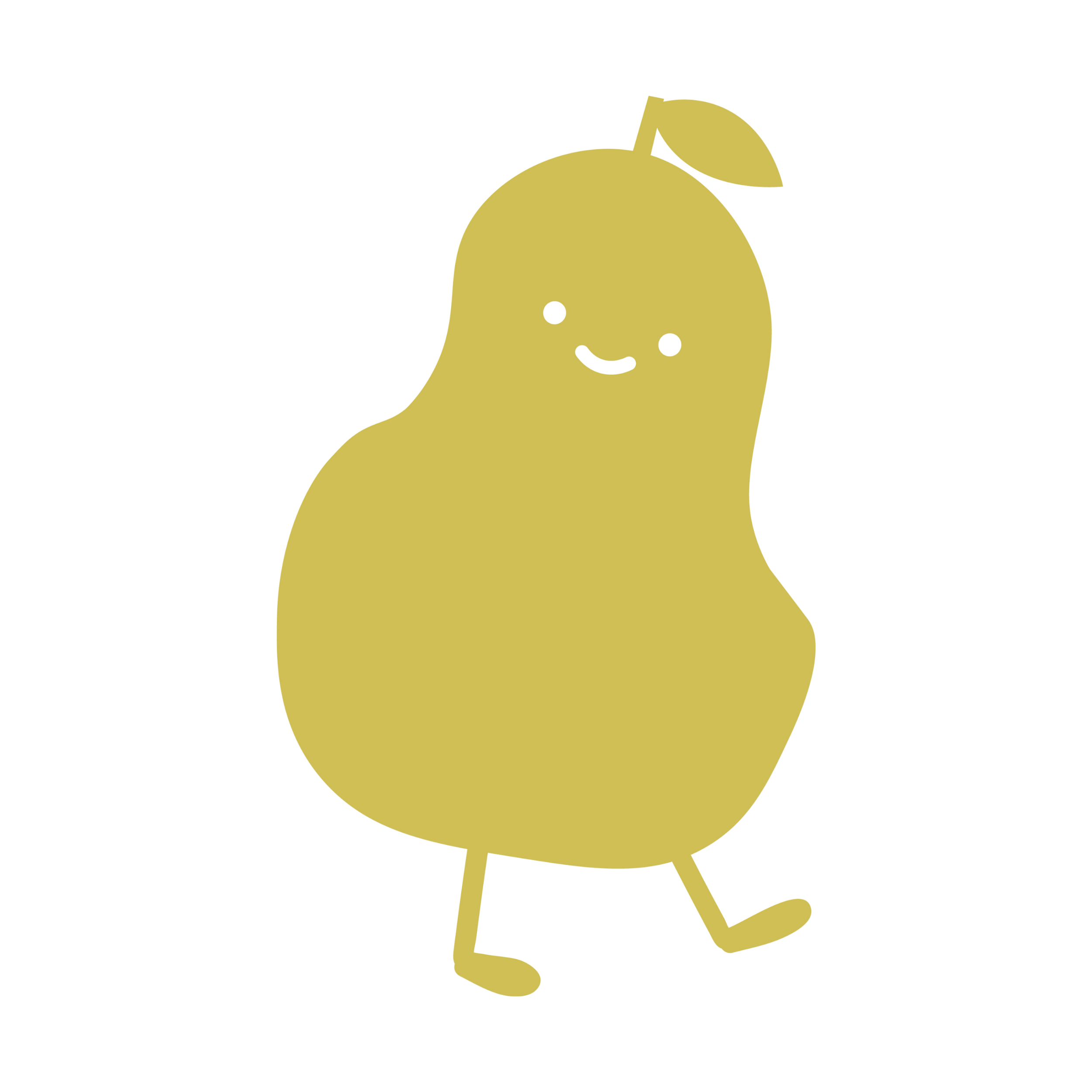 Cartoon pear character with a happy expression on a white background