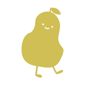 Cartoon pear character with a happy expression on a white background