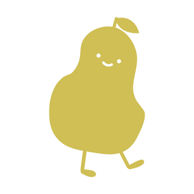 Cartoon pear character with a happy expression on a white background
